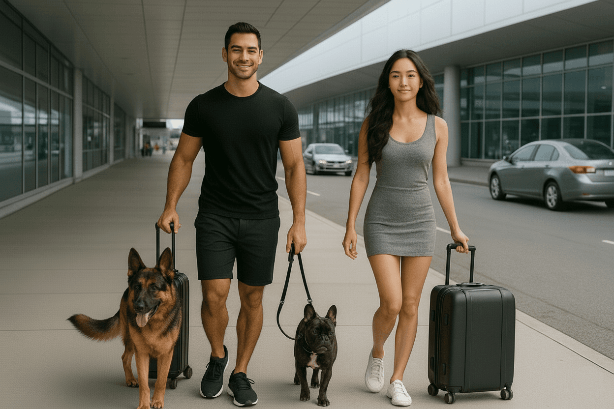 Pet owners at the airport with their pets